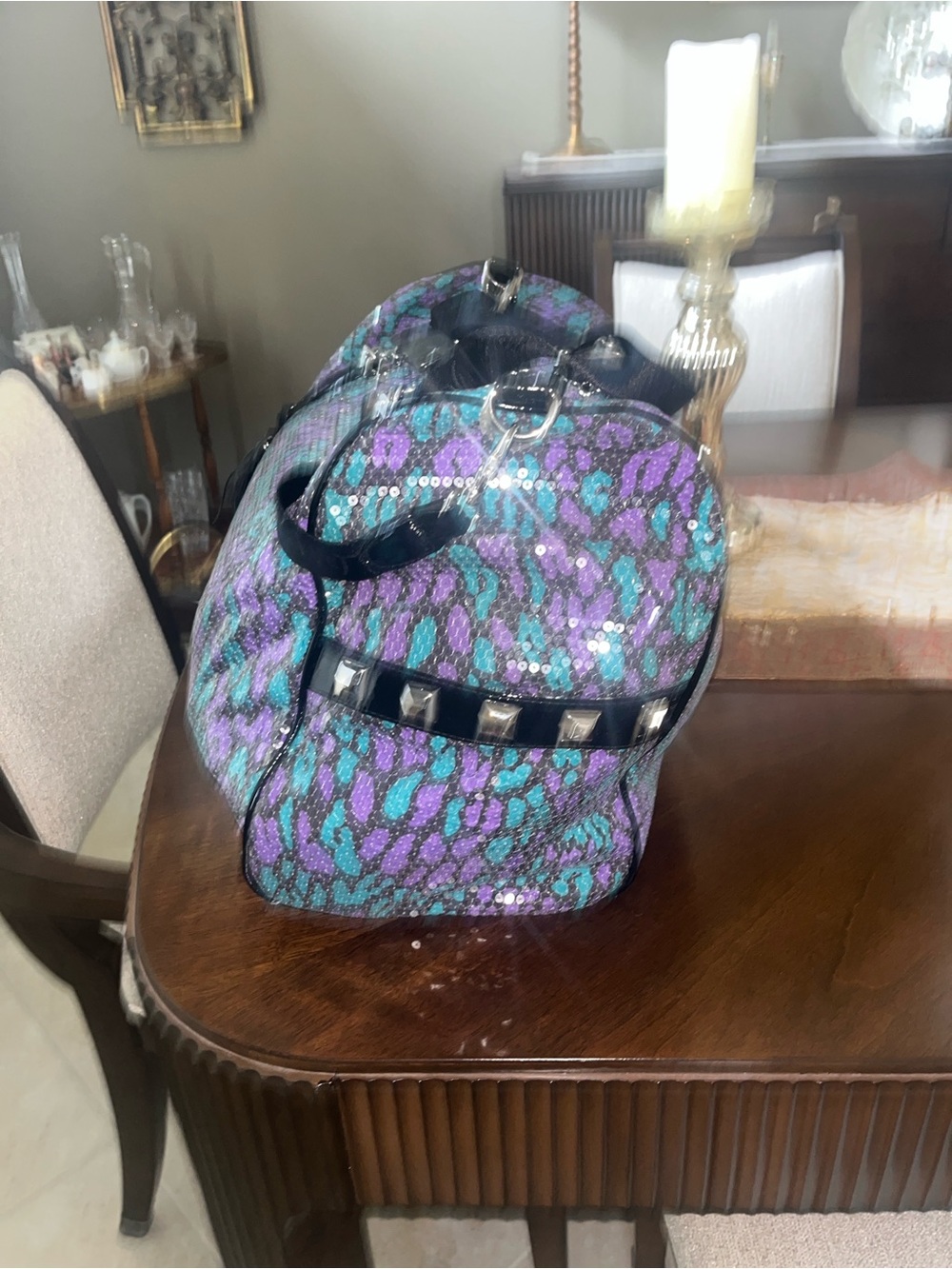 Betsey Johnson Purple and Teal Sequin Leopard Duffel Bag